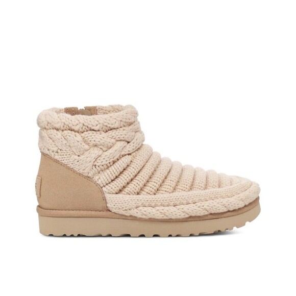 UGG Classic Mini Women's US 6 Ankle Boots Beige Chunky Knit Side Zip NIB $180 - Picture 1 of 14